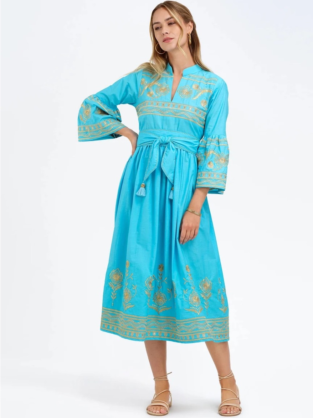 Bella Tu Elena Turquoise Embroidered Midi Dress with Waist Tie NWT Size Medium